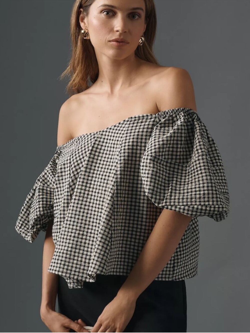 Anthropologie Maeve Black Gingham Check Off Shoulder Boxy Top Size L